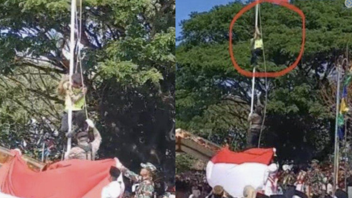 DETIK - Detik Bripka Suparno Panjat Tiang Memperbaiki Tali Bendera pada Upacara HUT ke-78 RI di Boyolali